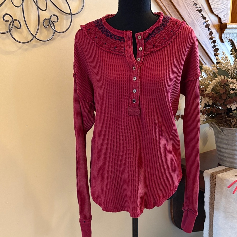 We The Free Burgundy Button-Down Holly Henley